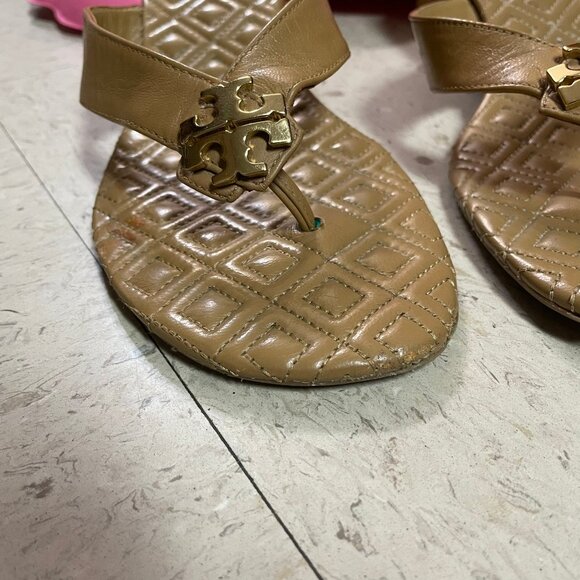 TORY BURCH Beige Nude Quilted Thong Mule Sandals Block Heel *RARE - Picture 12 of 14